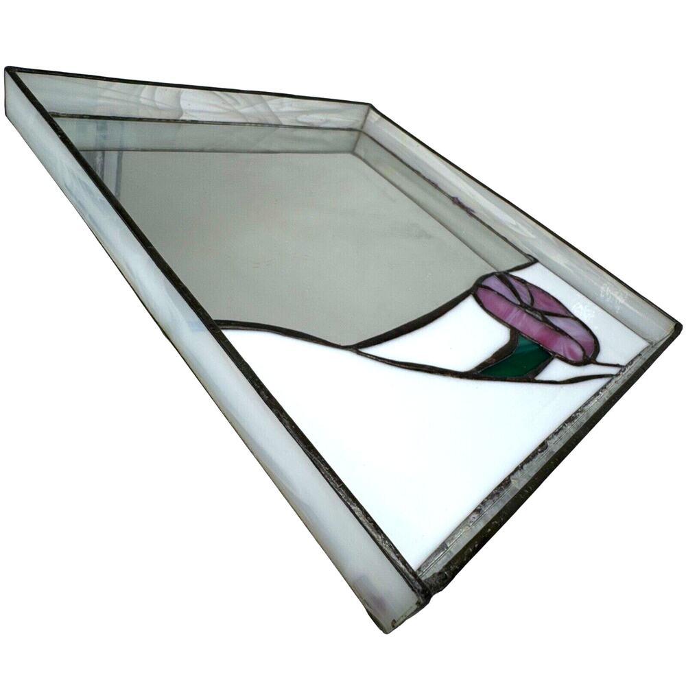 Handmade‎ Stained Glass Square Vanity Mirror Tray 10x10" Pink Flower Stain VNTG